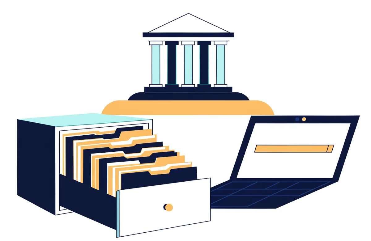 A columned courthouse building above an open filing drawer full of folders, next to a laptop with an empty search bar.
