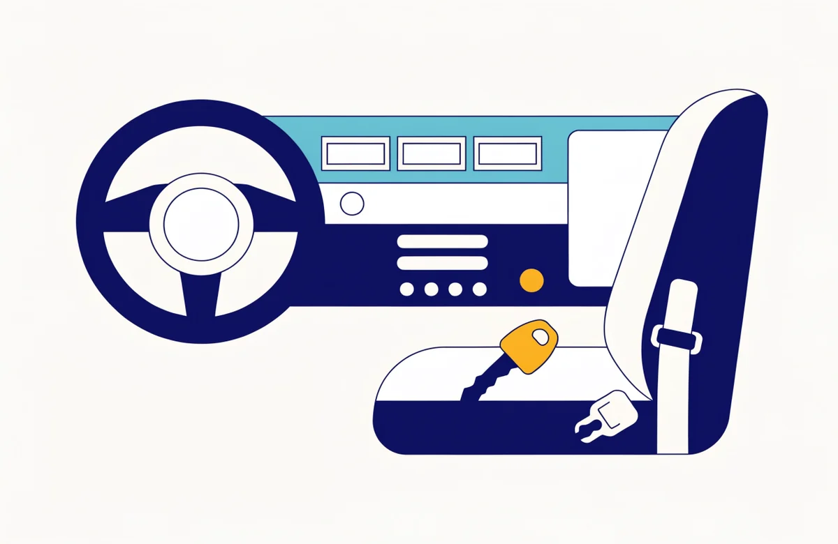A car dashboard and steering wheel with one amber warning light lit and a key on the seat.