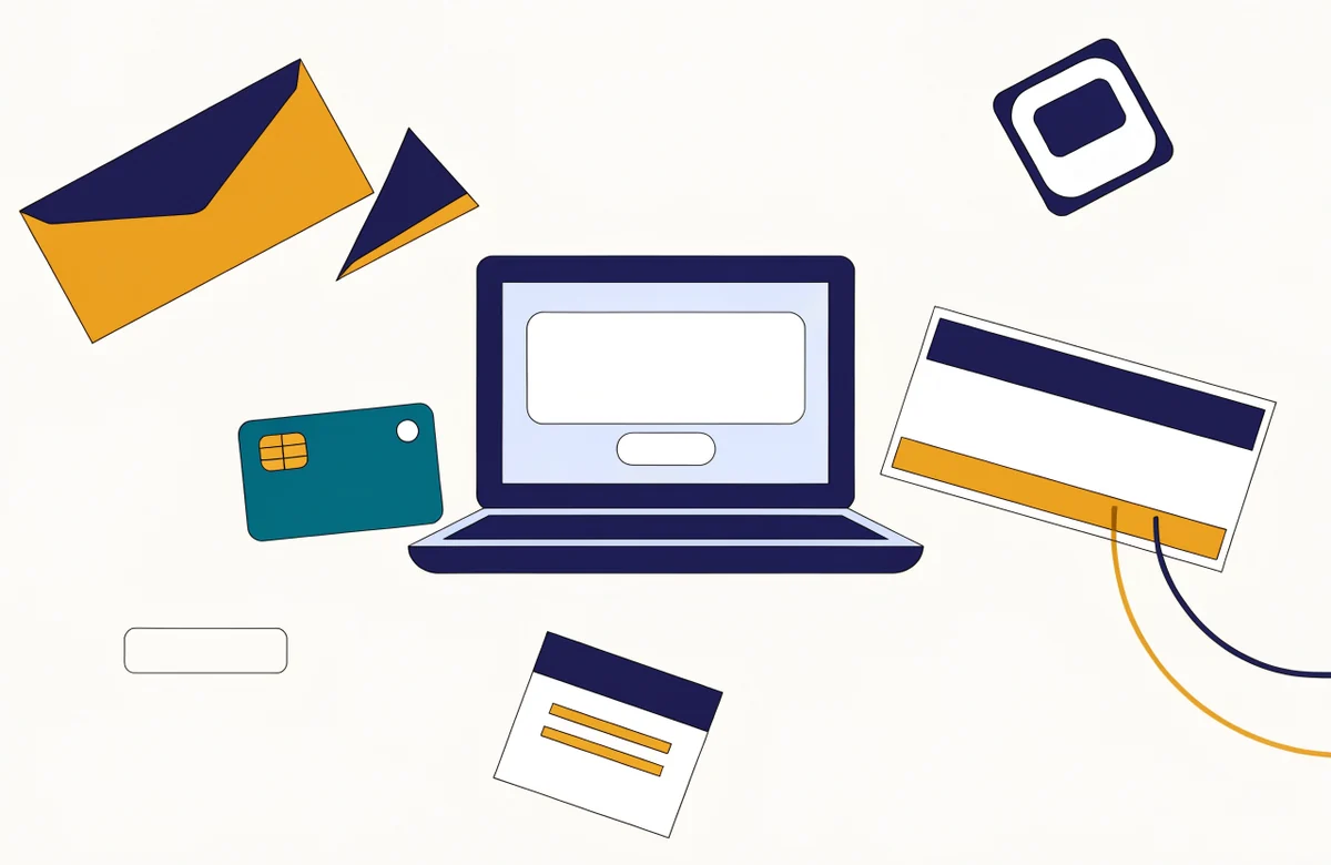 A laptop showing an empty email with one button, with a prepaid card and a paper check lying around it and two envelopes above.