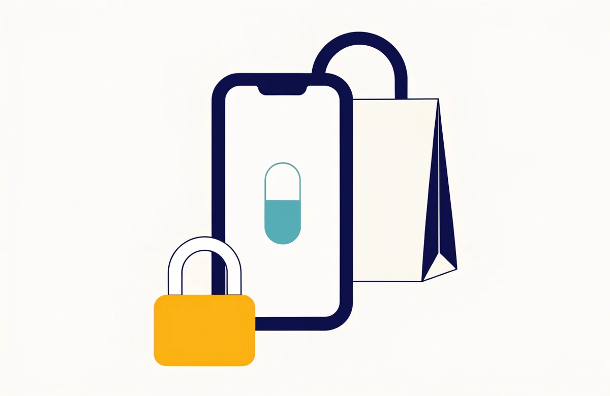 A smartphone with a pill shape on its screen, a padlock in front of it and a paper shopping bag behind it.