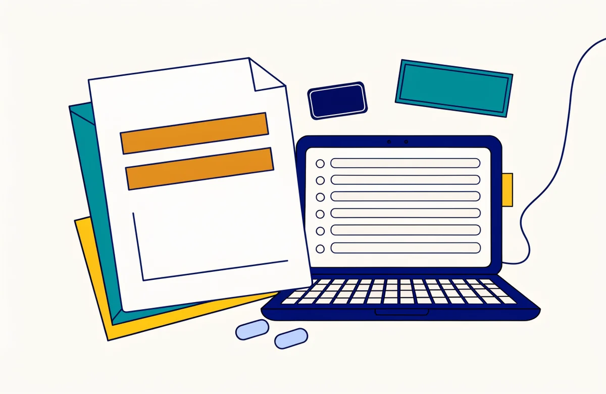 A postcard with two amber highlighted bars lying beside a laptop that shows a list of empty rows.