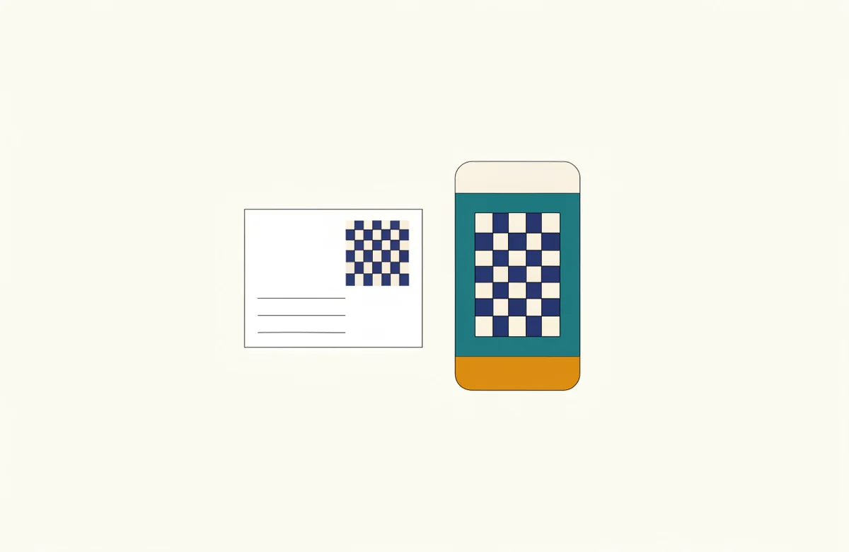 A postcard with a square checkered block in one corner and address lines, next to a smartphone showing the same square block on its screen.