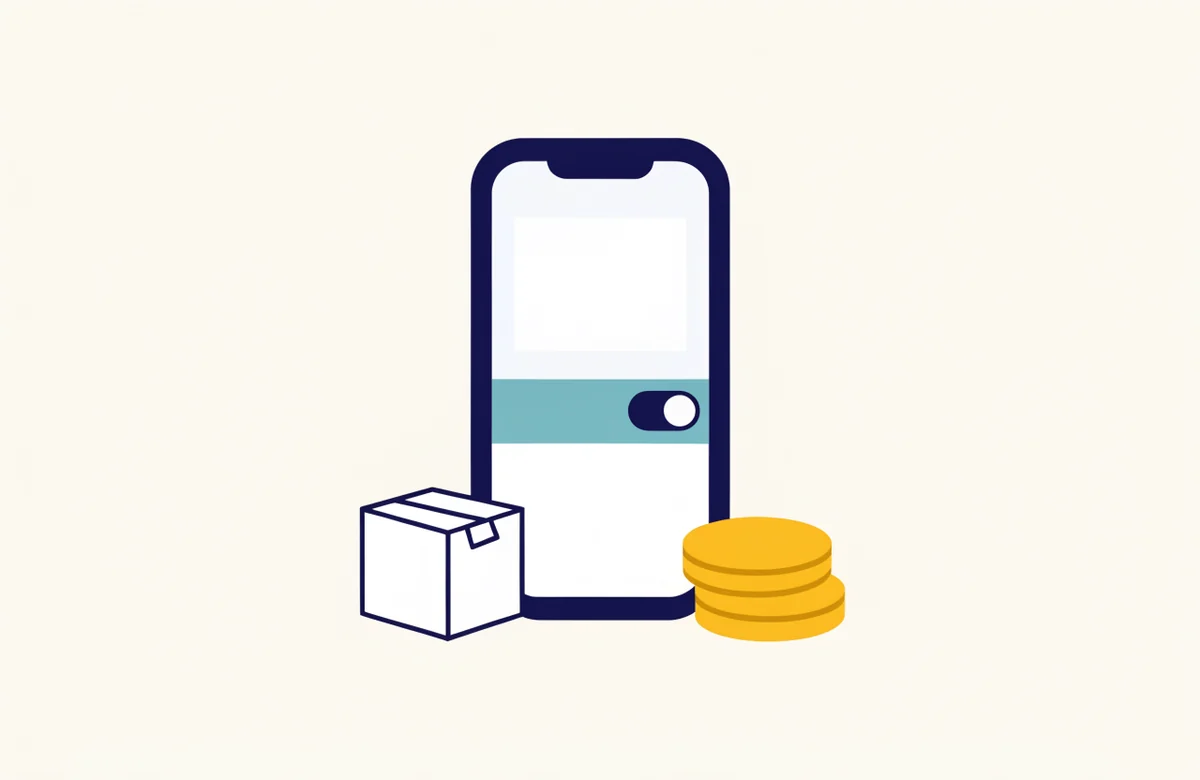 A smartphone with a toggle switch turned off, a small delivery box and a stack of gold coins beside it.
