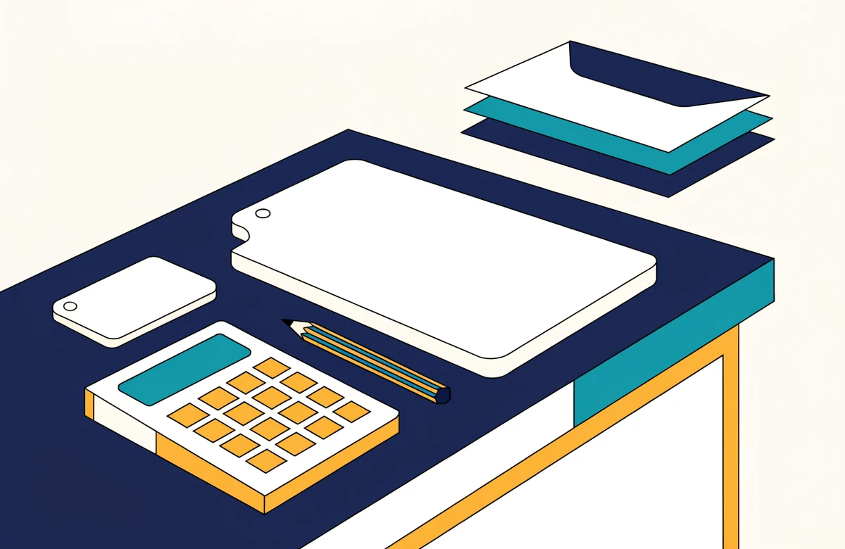 A desk seen at an angle with a blank form, a calculator, a pencil, a phone and a stack of envelopes.